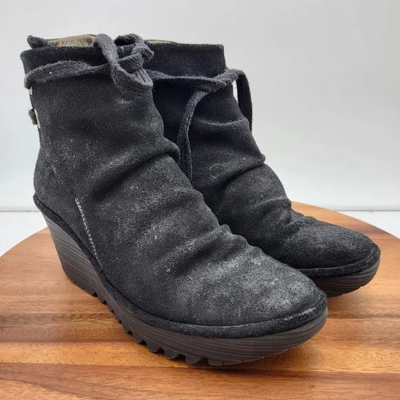 Fly London Ankle Boot Womens 7.5 / 8 Yama Black Suede Wedge Lace-up Back Booties - Picture 3 of 16